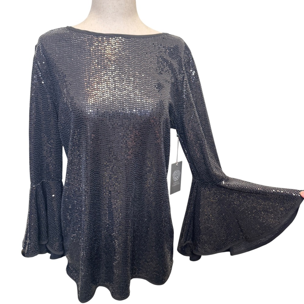 Vince Camuto Womens Sequin Top M Black Bell Sleeve Metallic Glam Holiday Party